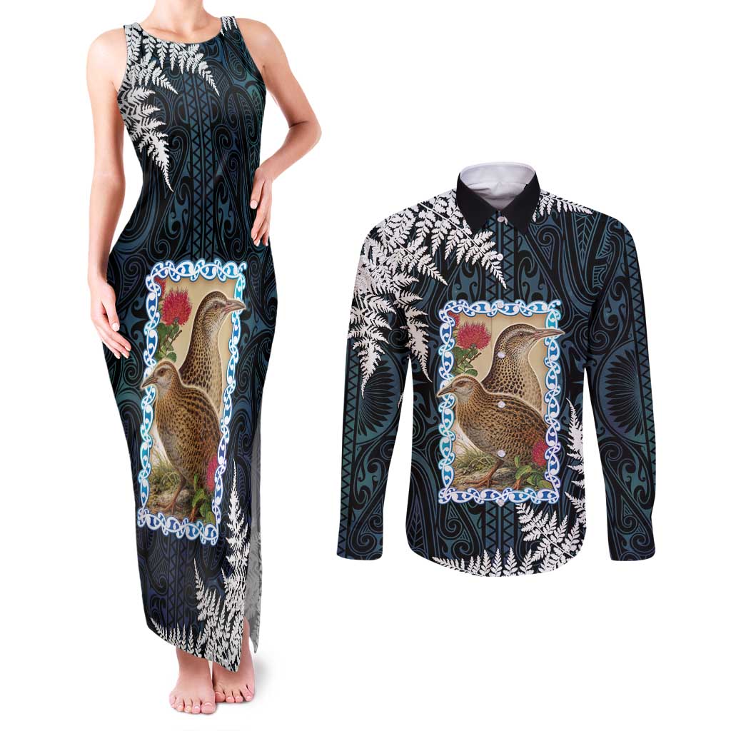 New Zealand Weka Couples Matching Tank Maxi Dress and Long Sleeve Button Shirt Maori Hen Koru Pattern - Aussie Hoodie