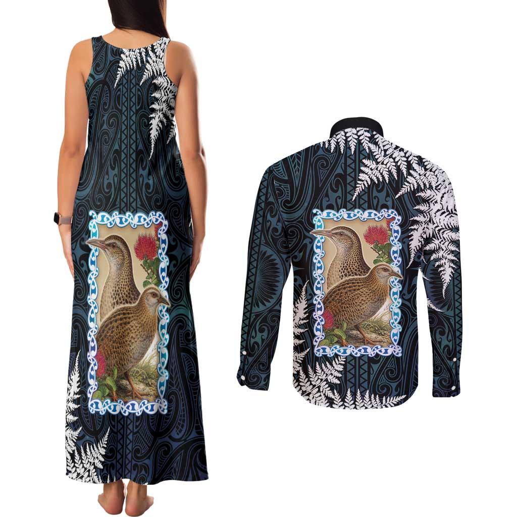 New Zealand Weka Couples Matching Tank Maxi Dress and Long Sleeve Button Shirt Maori Hen Koru Pattern - Aussie Hoodie