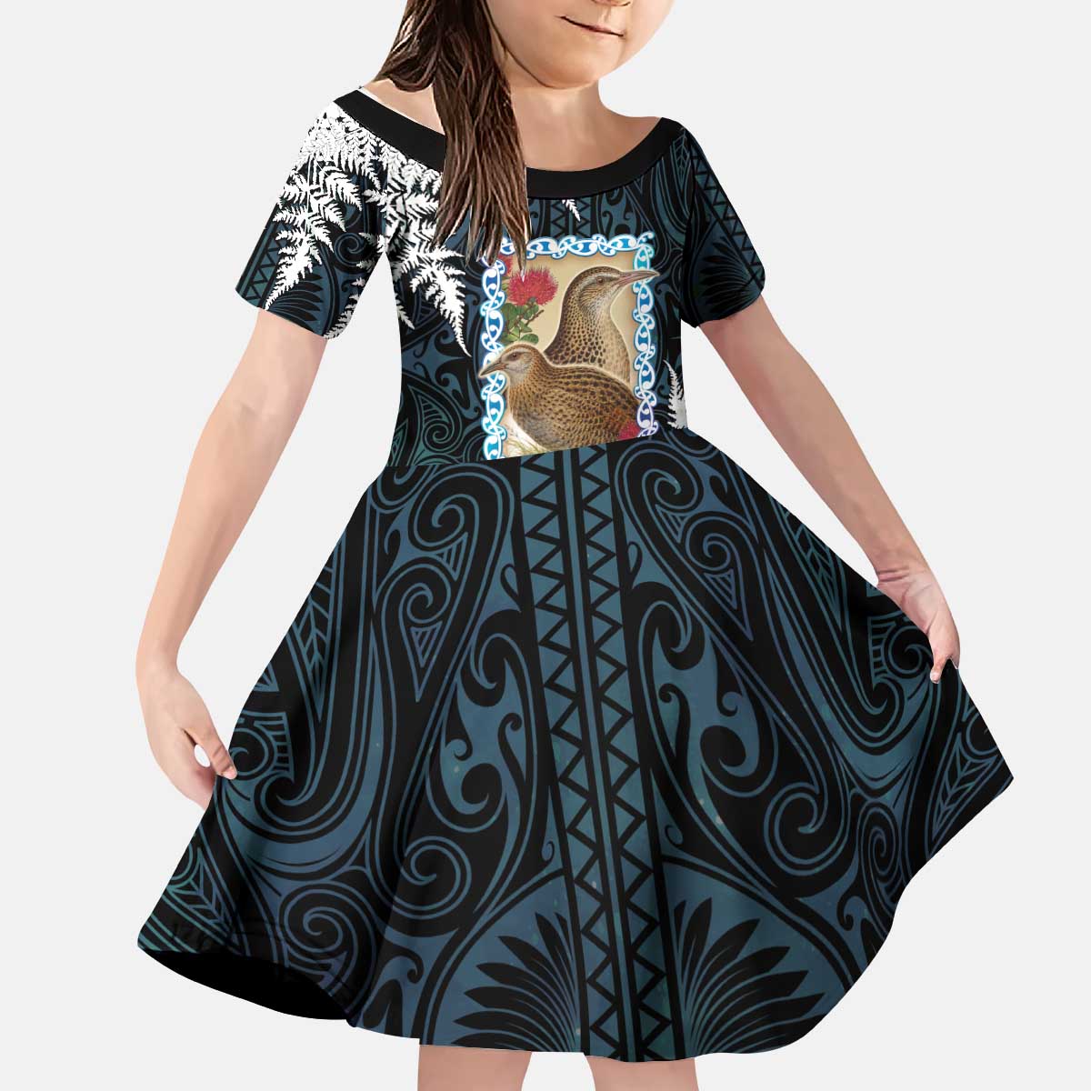 New Zealand Weka Kid Short Sleeve Dress Maori Hen Koru Pattern - Aussie Hoodie