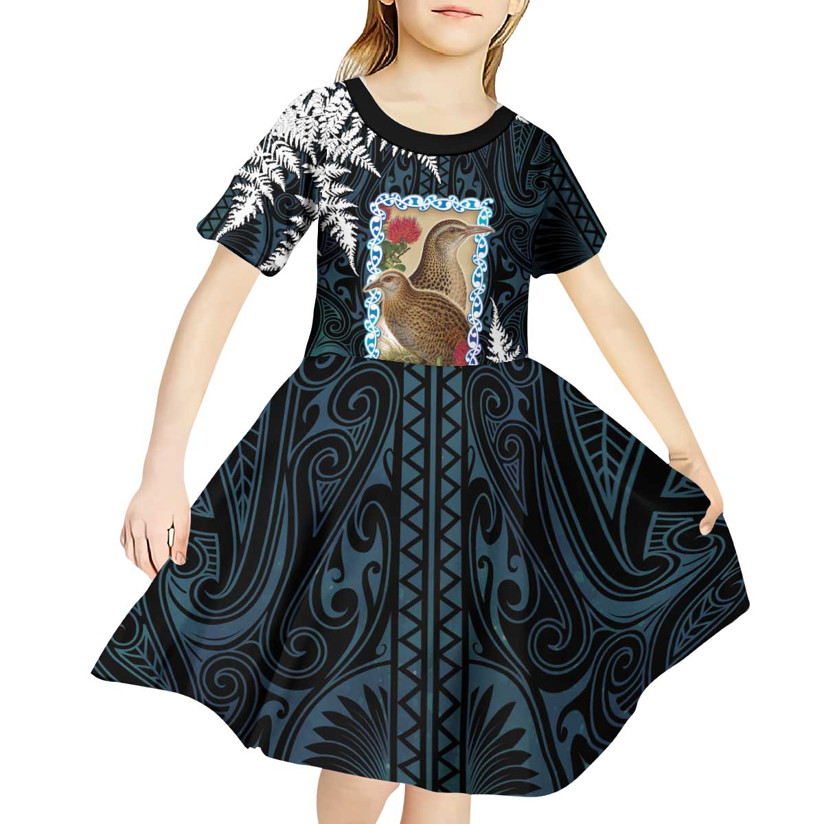 New Zealand Weka Kid Short Sleeve Dress Maori Hen Koru Pattern - Aussie Hoodie
