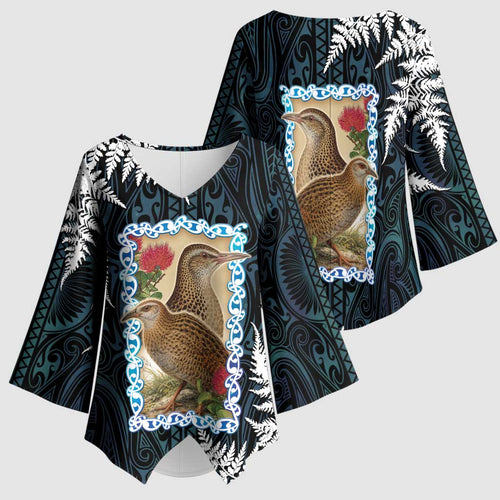 New Zealand Weka Kimono Sleeve Blouse Maori Hen Koru Pattern - Aussie Hoodie