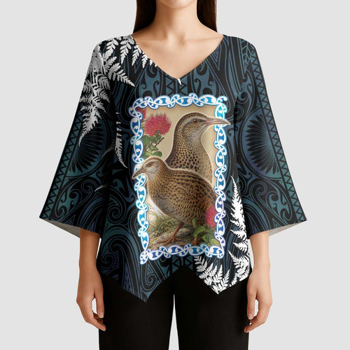 New Zealand Weka Kimono Sleeve Blouse Maori Hen Koru Pattern - Aussie Hoodie