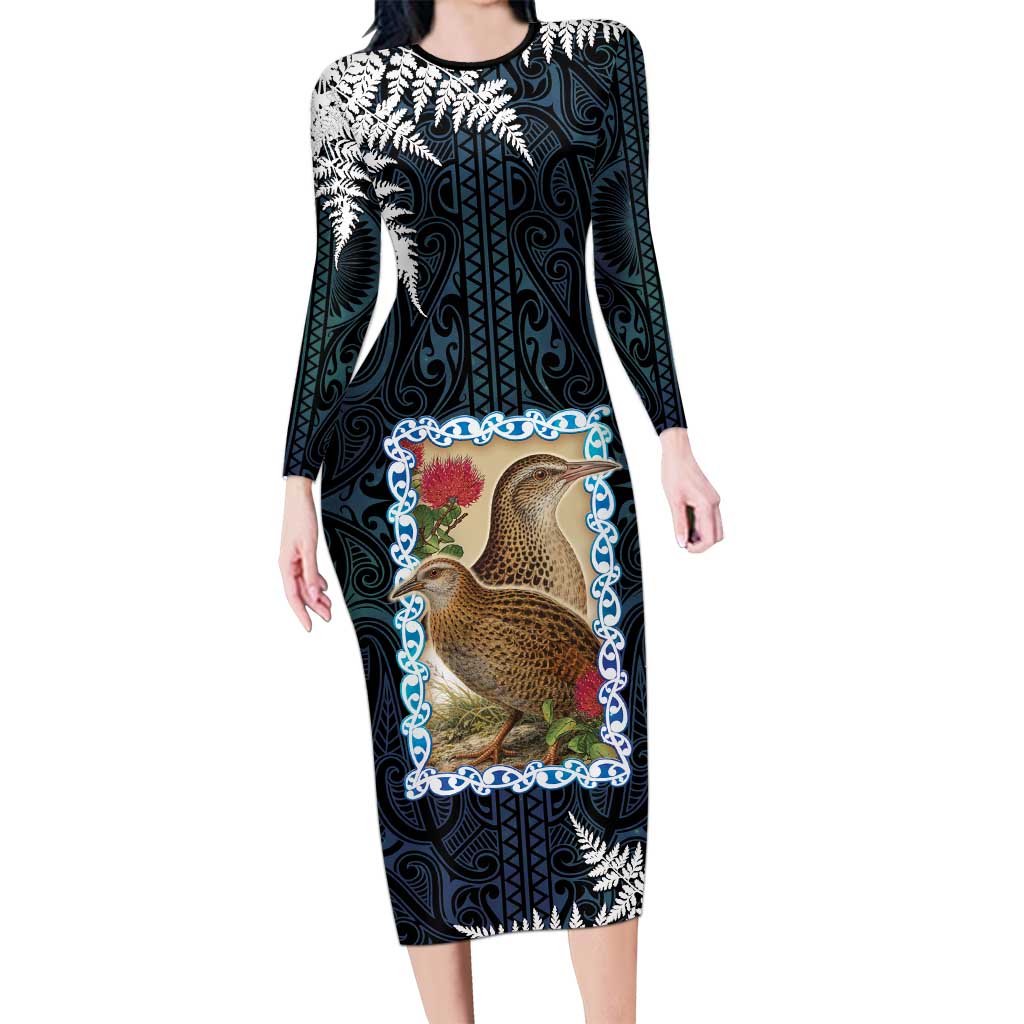 New Zealand Weka Long Sleeve Bodycon Dress Maori Hen Koru Pattern - Aussie Hoodie
