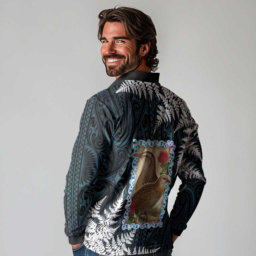 New Zealand Weka Long Sleeve Polo Shirt Maori Hen Koru Pattern - Aussie Hoodie