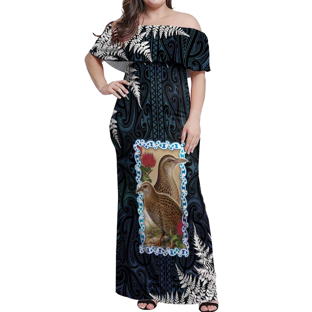 New Zealand Weka Off Shoulder Maxi Dress Maori Hen Koru Pattern - Aussie Hoodie