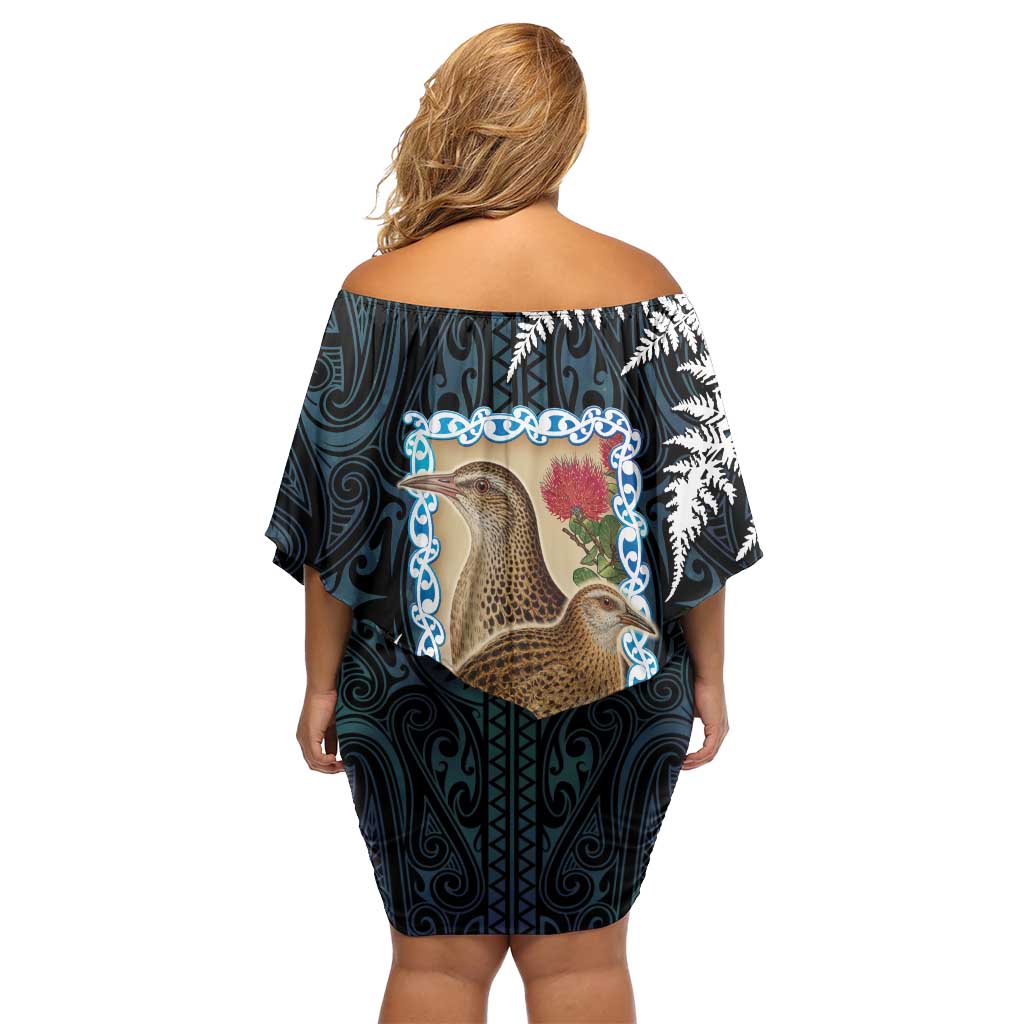 New Zealand Weka Off Shoulder Short Dress Maori Hen Koru Pattern - Aussie Hoodie