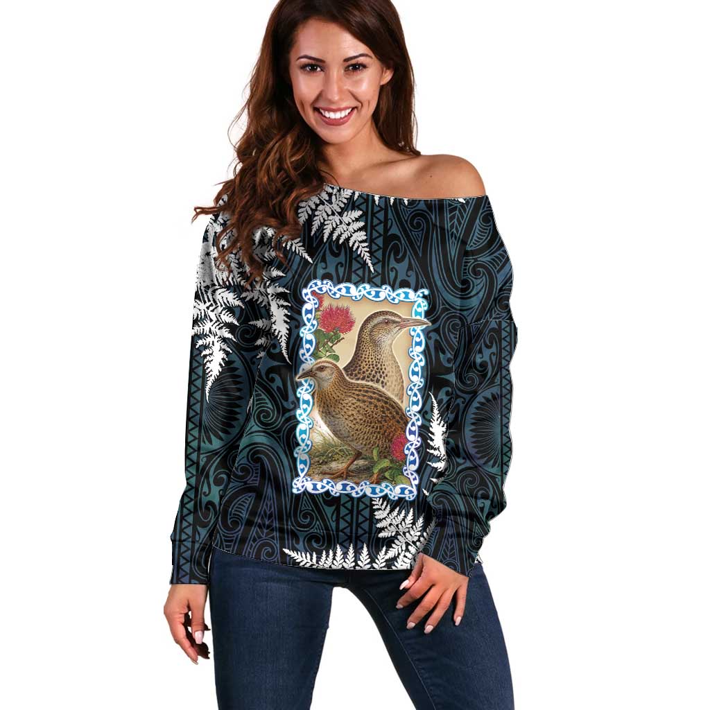New Zealand Weka Off Shoulder Sweater Maori Hen Koru Pattern - Aussie Hoodie