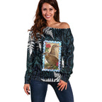 New Zealand Weka Off Shoulder Sweater Maori Hen Koru Pattern - Aussie Hoodie