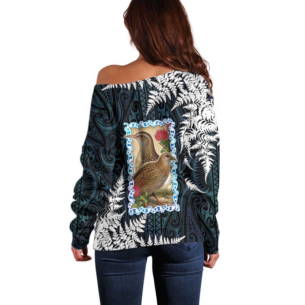 New Zealand Weka Off Shoulder Sweater Maori Hen Koru Pattern - Aussie Hoodie