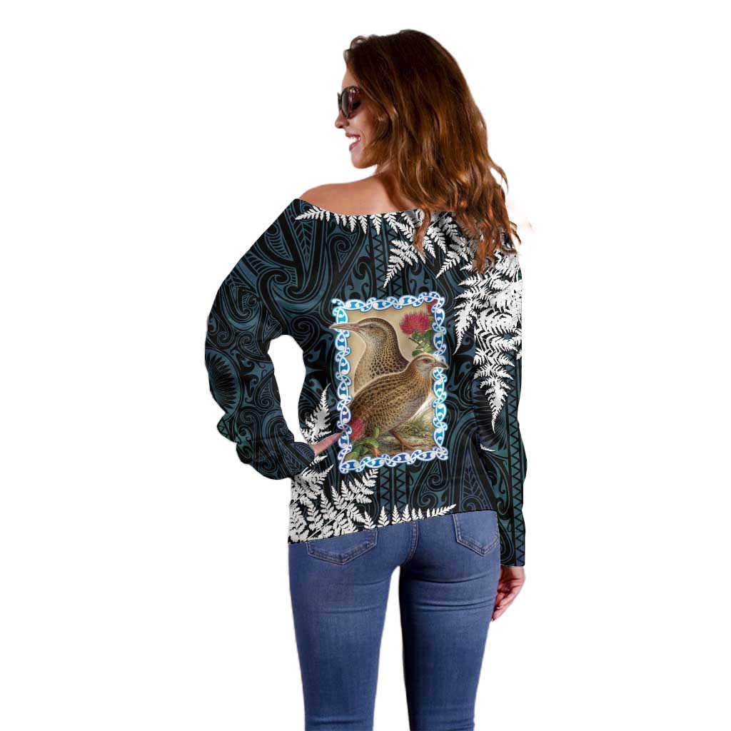 New Zealand Weka Off Shoulder Sweater Maori Hen Koru Pattern - Aussie Hoodie