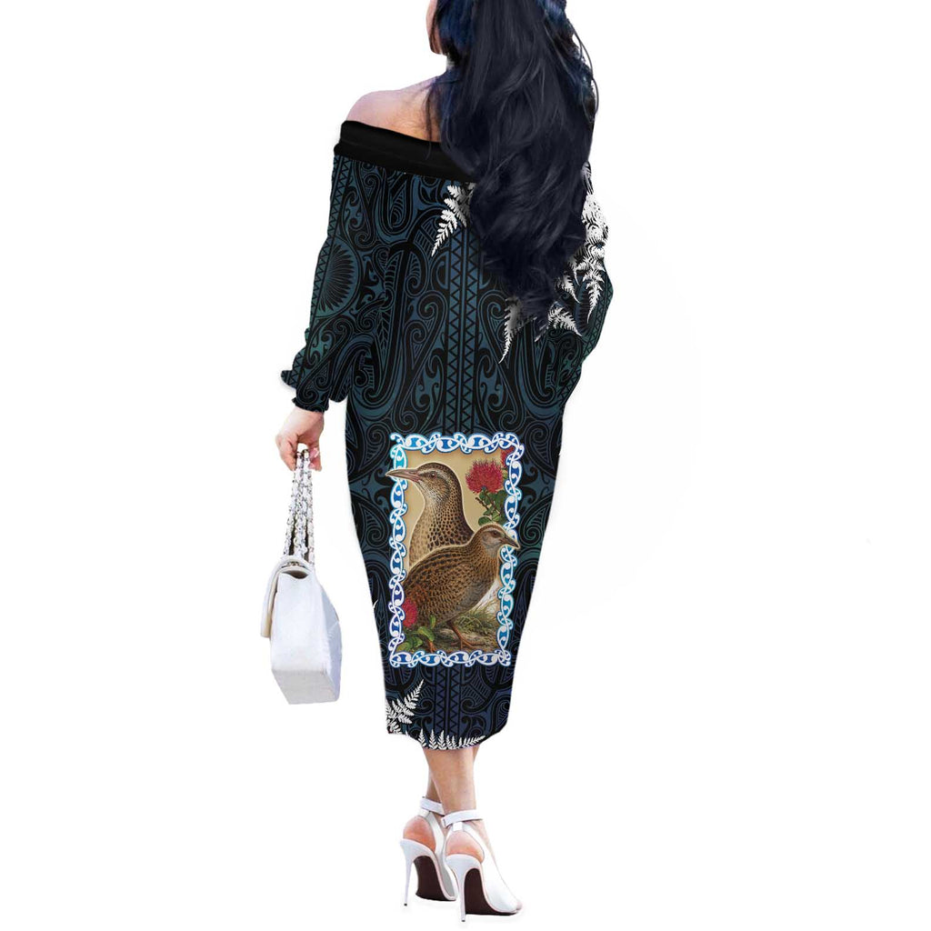 New Zealand Weka Off The Shoulder Long Sleeve Dress Maori Hen Koru Pattern - Aussie Hoodie