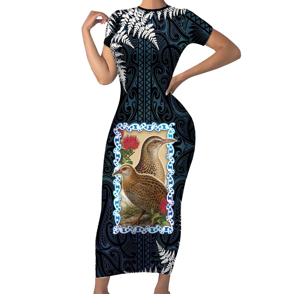 New Zealand Weka Short Sleeve Bodycon Dress Maori Hen Koru Pattern - Aussie Hoodie