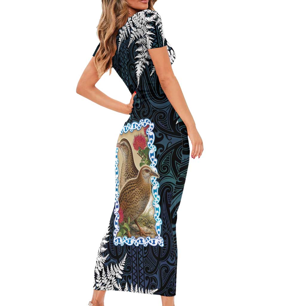 New Zealand Weka Short Sleeve Bodycon Dress Maori Hen Koru Pattern - Aussie Hoodie