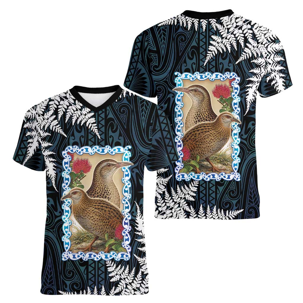 New Zealand Weka Women V-Neck T-Shirt Maori Hen Koru Pattern - Aussie Hoodie
