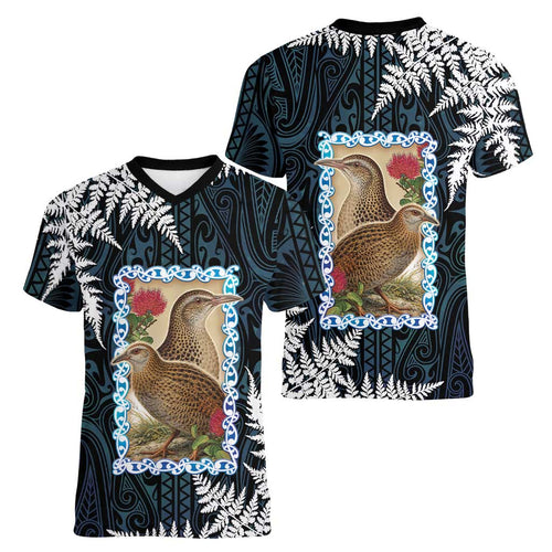 New Zealand Weka Women V-Neck T-Shirt Maori Hen Koru Pattern - Aussie Hoodie