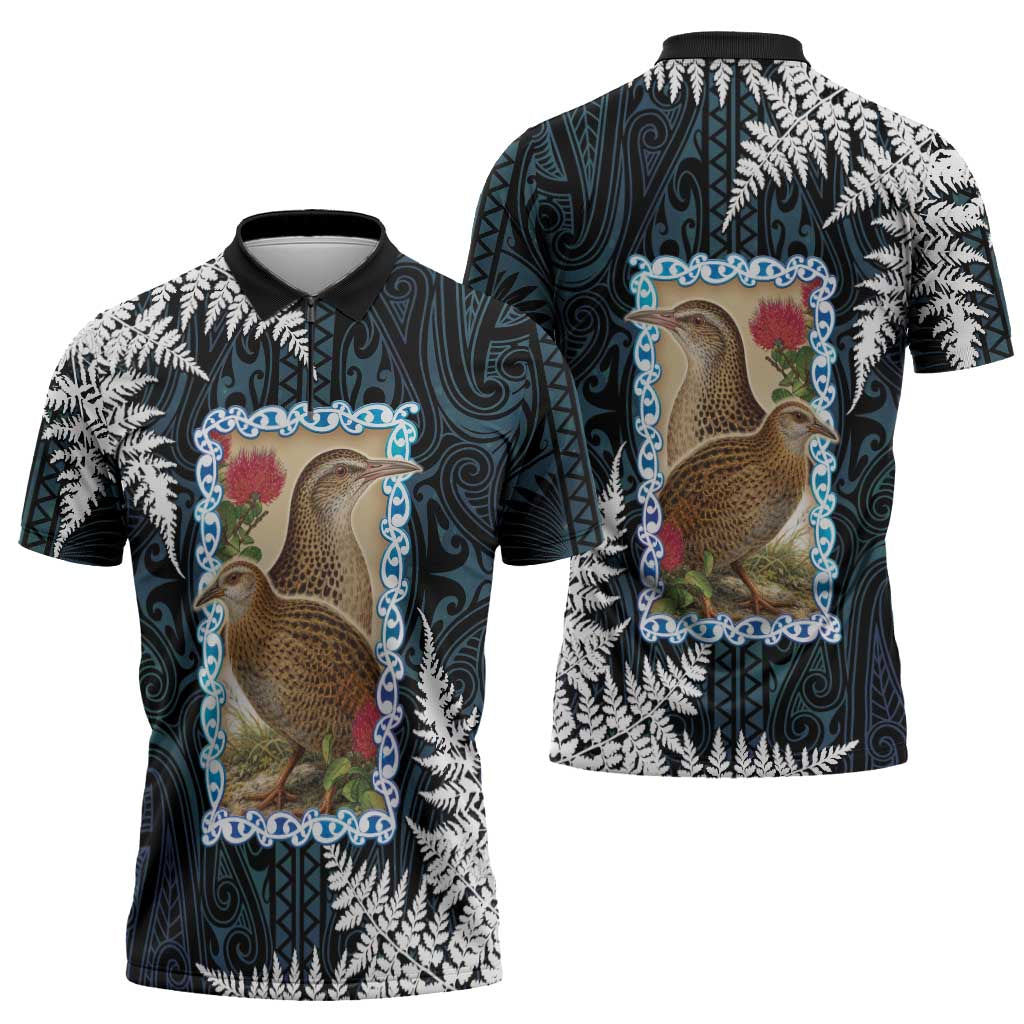 New Zealand Weka Zipper Polo Shirt Maori Hen Koru Pattern - Aussie Hoodie