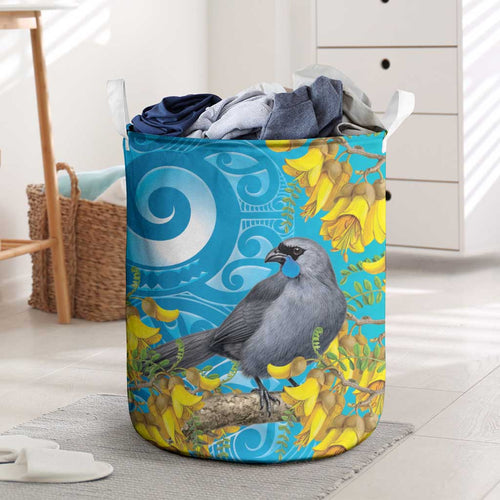 New Zealand Kokako Bird Laundry Basket Maori Koru With Kowhai Flowers - Aussie Hoodie