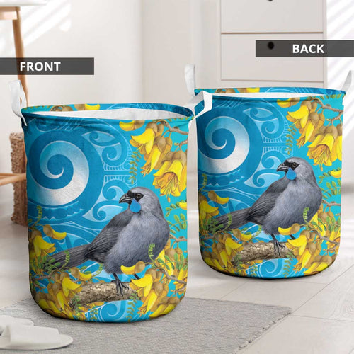 New Zealand Kokako Bird Laundry Basket Maori Koru With Kowhai Flowers - Aussie Hoodie