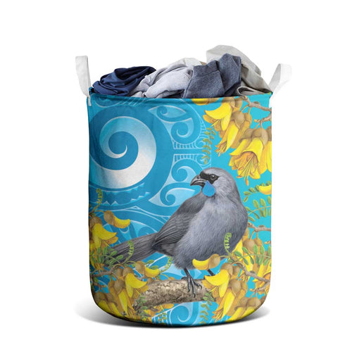 New Zealand Kokako Bird Laundry Basket Maori Koru With Kowhai Flowers - Aussie Hoodie
