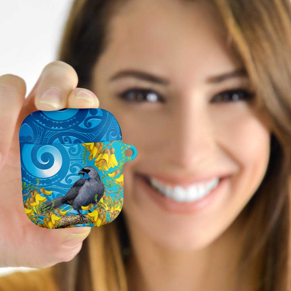 New Zealand Kokako Bird AirPods Case Maori Koru With Kowhai Flowers - Aussie Hoodie