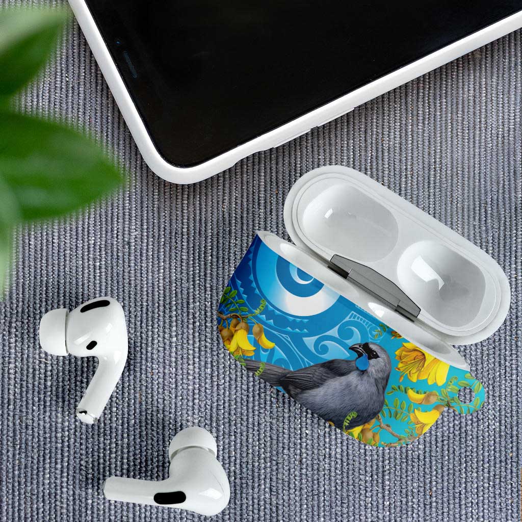 New Zealand Kokako Bird AirPods Case Maori Koru With Kowhai Flowers - Aussie Hoodie