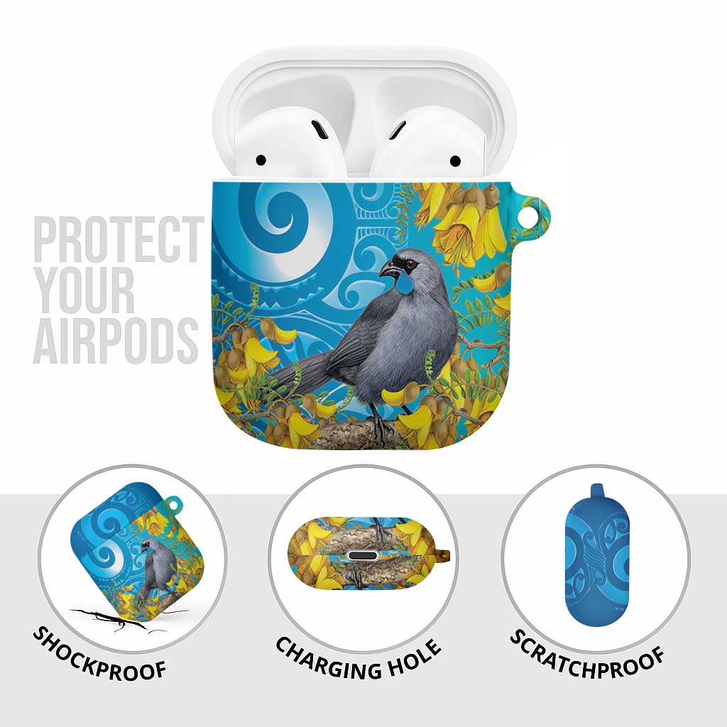 New Zealand Kokako Bird AirPods Case Maori Koru With Kowhai Flowers - Aussie Hoodie