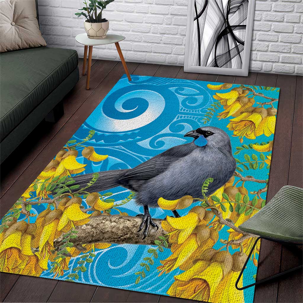 New Zealand Kokako Bird Area Rug Maori Koru With Kowhai Flowers - Aussie Hoodie