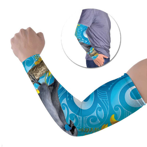 New Zealand Kokako Bird Arm Sleeves Maori Koru With Kowhai Flowers - Aussie Hoodie