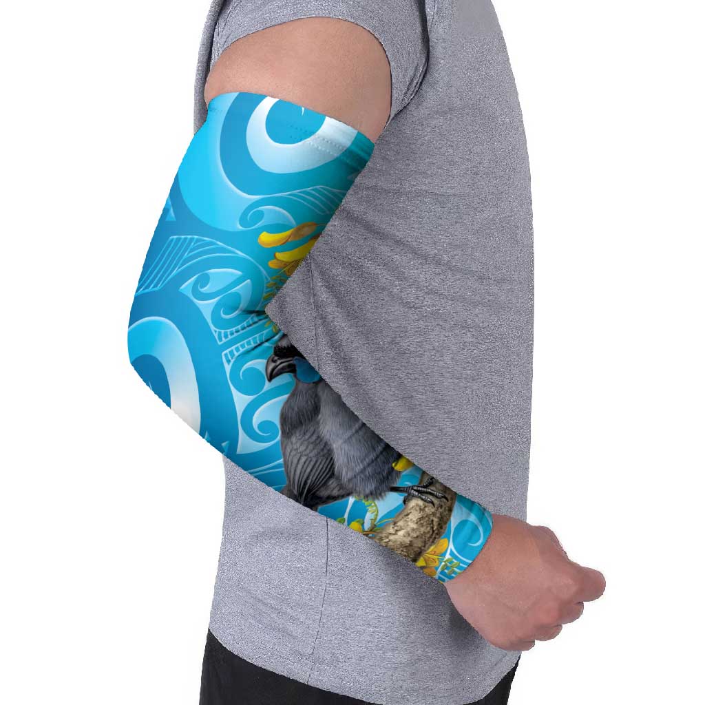 New Zealand Kokako Bird Arm Sleeves Maori Koru With Kowhai Flowers - Aussie Hoodie