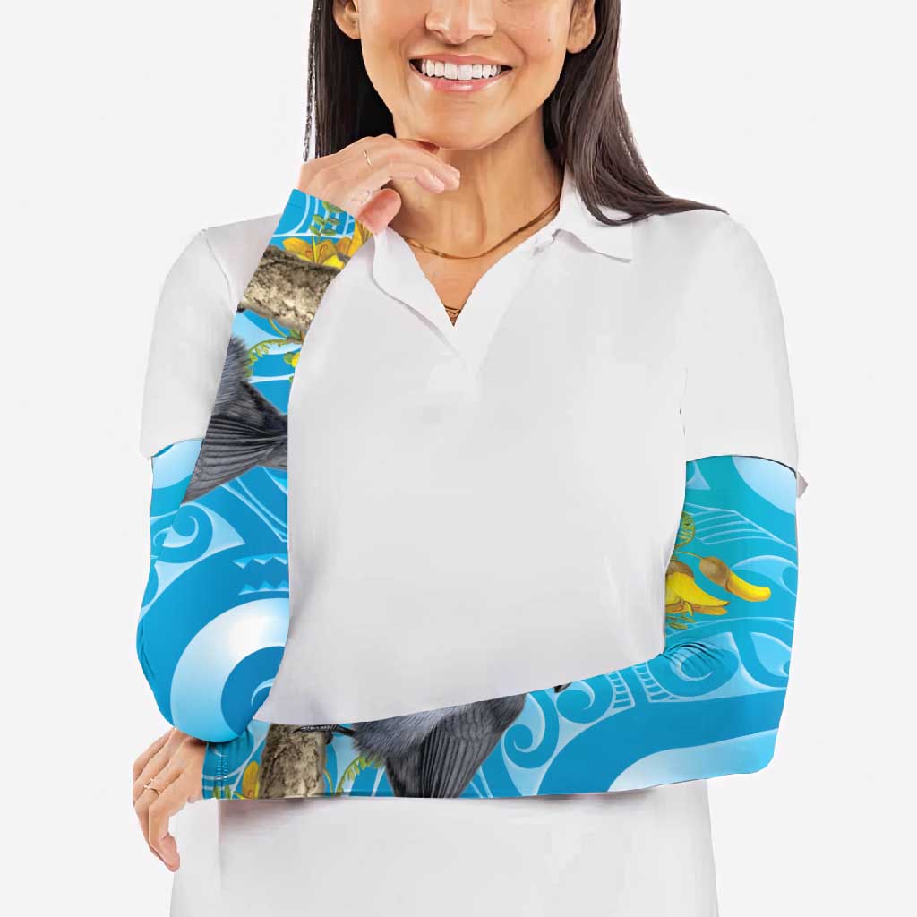 New Zealand Kokako Bird Arm Sleeves Maori Koru With Kowhai Flowers - Aussie Hoodie