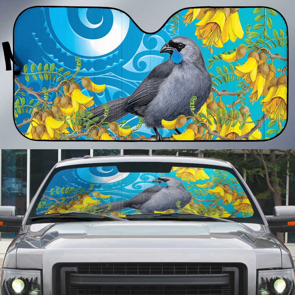 New Zealand Kokako Bird Auto Sun Shade Maori Koru With Kowhai Flowers - Aussie Hoodie