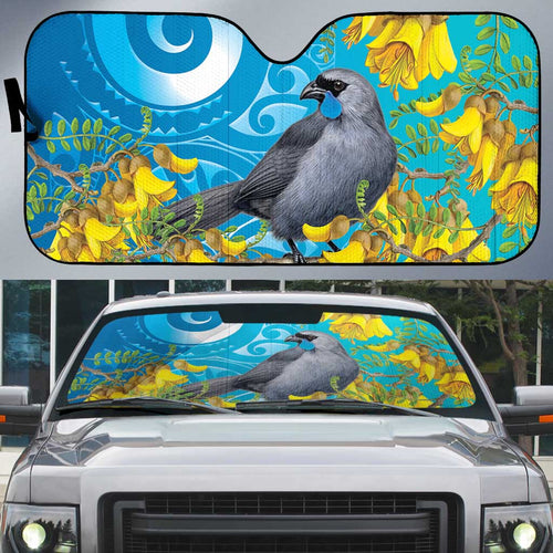 New Zealand Kokako Bird Auto Sun Shade Maori Koru With Kowhai Flowers - Aussie Hoodie