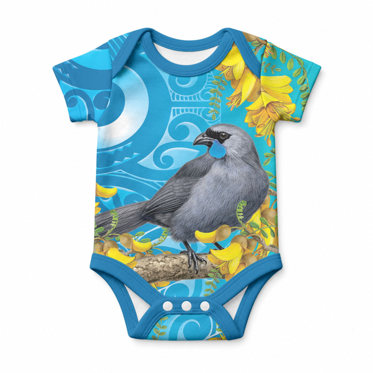 New Zealand Kokako Bird Baby Onesie Maori Koru With Kowhai Flowers