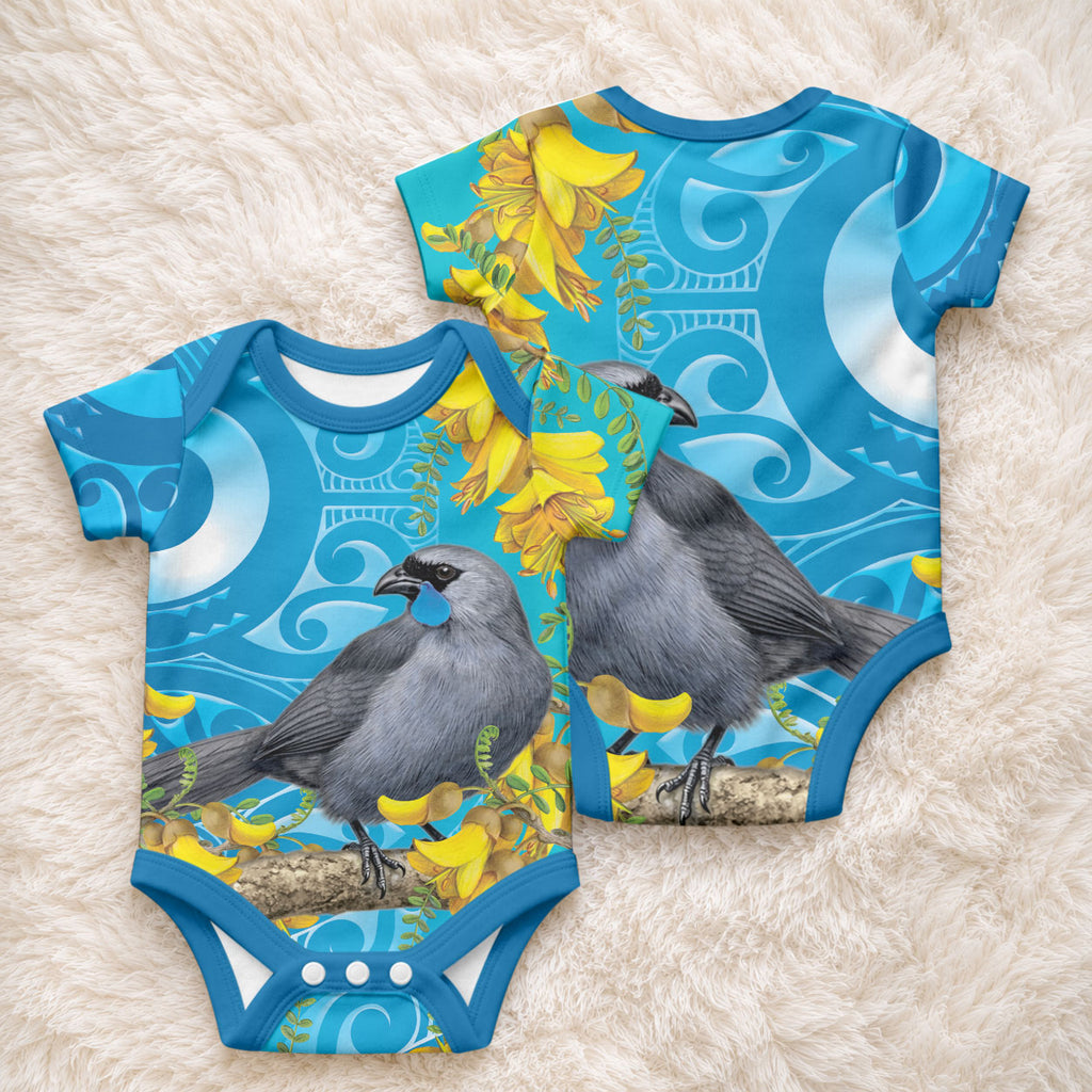 New Zealand Kokako Bird Baby Onesie Maori Koru With Kowhai Flowers