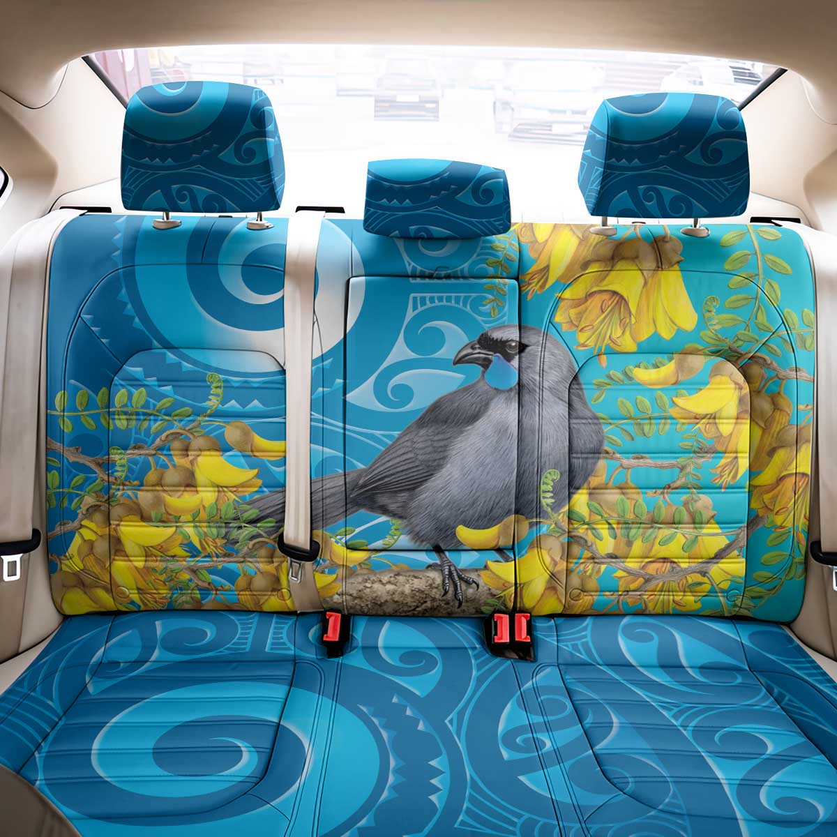 New Zealand Kokako Bird Back Car Seat Cover Maori Koru With Kowhai Flowers - Aussie Hoodie