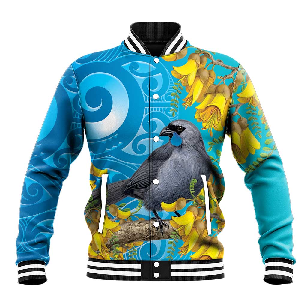 New Zealand Kokako Bird Baseball Jacket Maori Koru With Kowhai Flowers - Aussie Hoodie