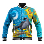 New Zealand Kokako Bird Baseball Jacket Maori Koru With Kowhai Flowers - Aussie Hoodie