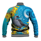 New Zealand Kokako Bird Baseball Jacket Maori Koru With Kowhai Flowers - Aussie Hoodie