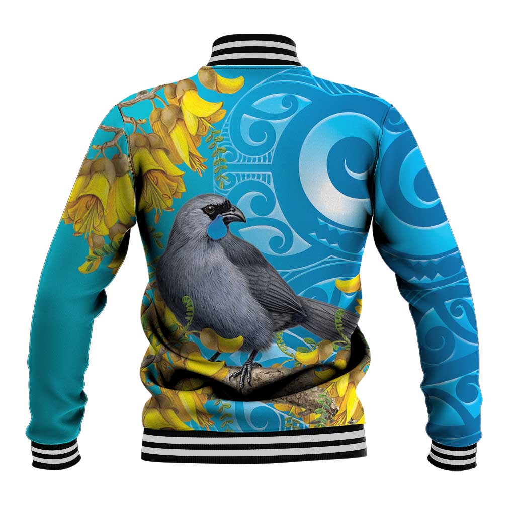 New Zealand Kokako Bird Baseball Jacket Maori Koru With Kowhai Flowers - Aussie Hoodie