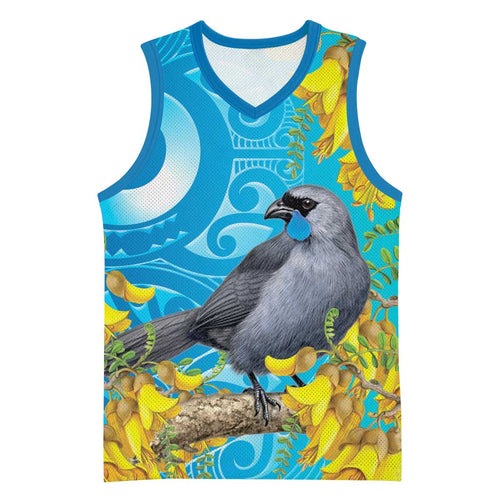 New Zealand Kokako Bird Basketball Jersey Maori Koru With Kowhai Flowers - Aussie Hoodie