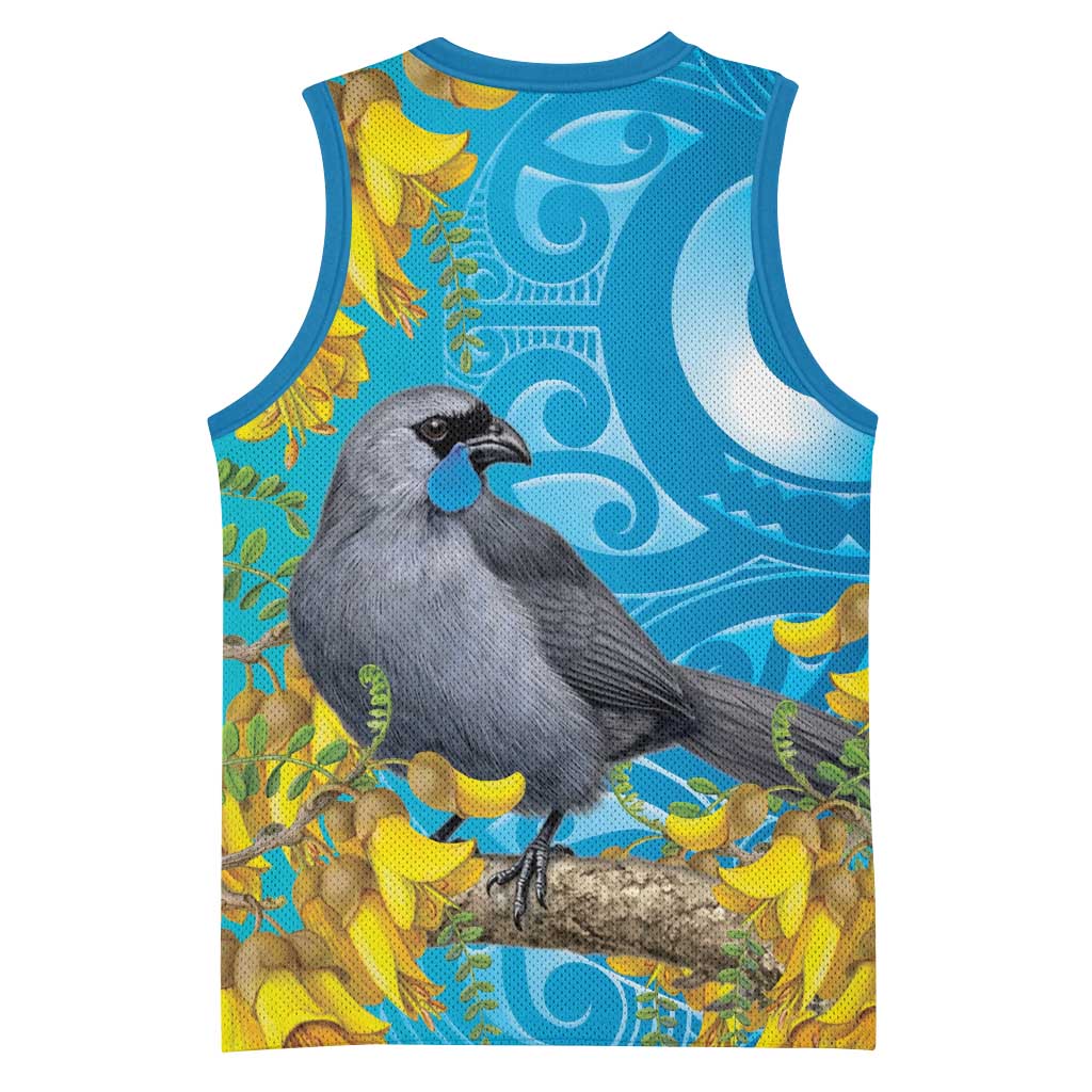 New Zealand Kokako Bird Basketball Jersey Maori Koru With Kowhai Flowers - Aussie Hoodie
