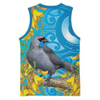 New Zealand Kokako Bird Basketball Jersey Maori Koru With Kowhai Flowers - Aussie Hoodie