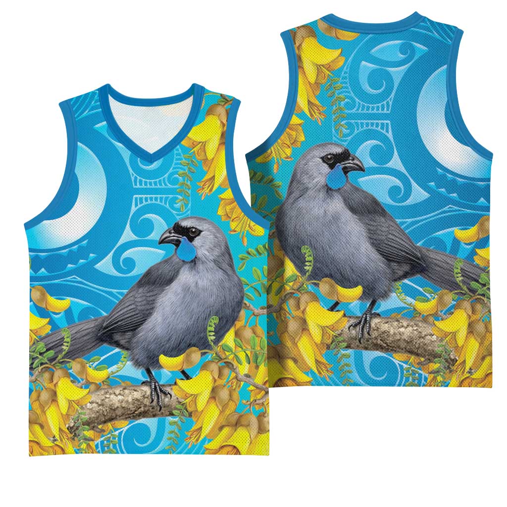 New Zealand Kokako Bird Basketball Jersey Maori Koru With Kowhai Flowers - Aussie Hoodie