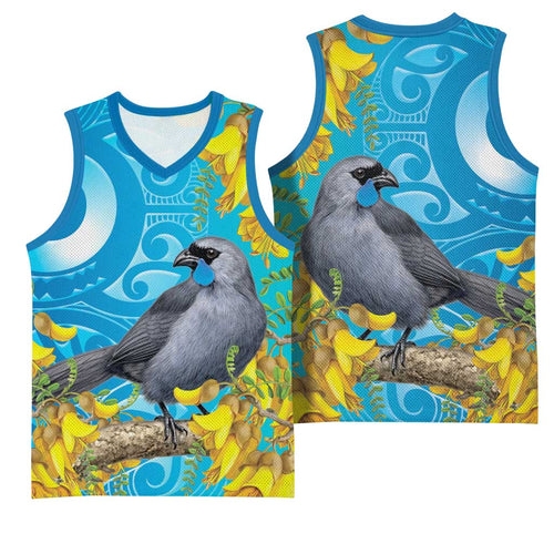 New Zealand Kokako Bird Basketball Jersey Maori Koru With Kowhai Flowers - Aussie Hoodie