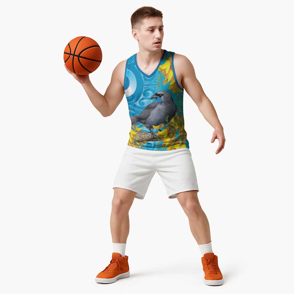 New Zealand Kokako Bird Basketball Jersey Maori Koru With Kowhai Flowers - Aussie Hoodie