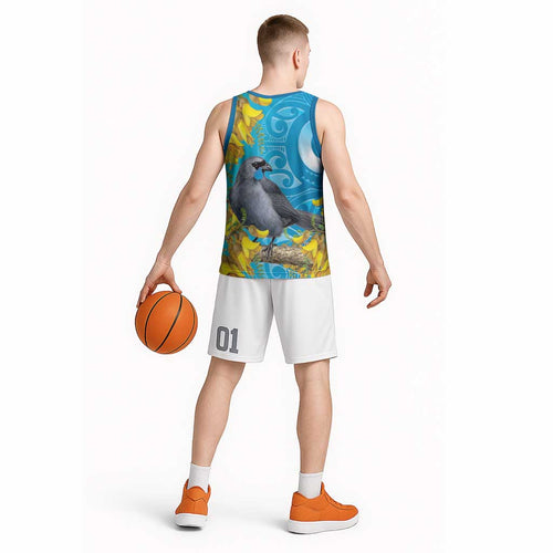 New Zealand Kokako Bird Basketball Jersey Maori Koru With Kowhai Flowers - Aussie Hoodie