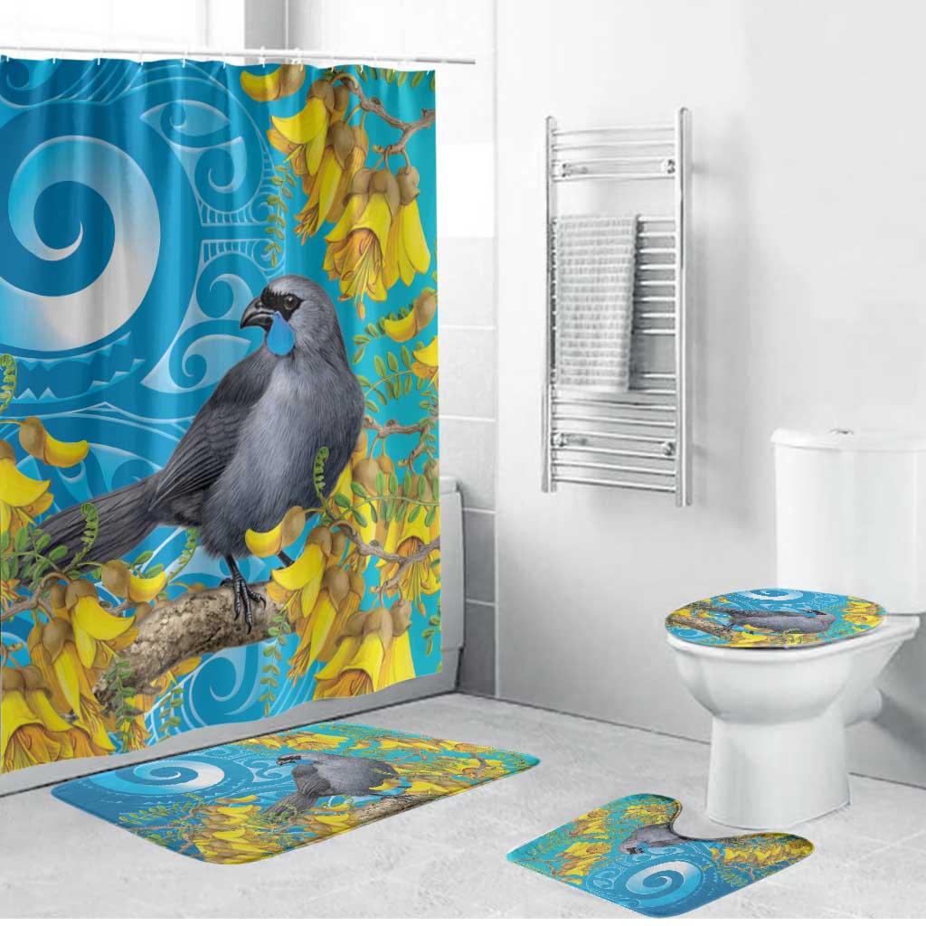 New Zealand Kokako Bird Bathroom Set Maori Koru With Kowhai Flowers - Aussie Hoodie