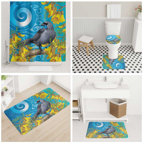 New Zealand Kokako Bird Bathroom Set Maori Koru With Kowhai Flowers - Aussie Hoodie