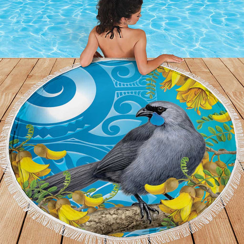 New Zealand Kokako Bird Beach Blanket Maori Koru With Kowhai Flowers - Aussie Hoodie