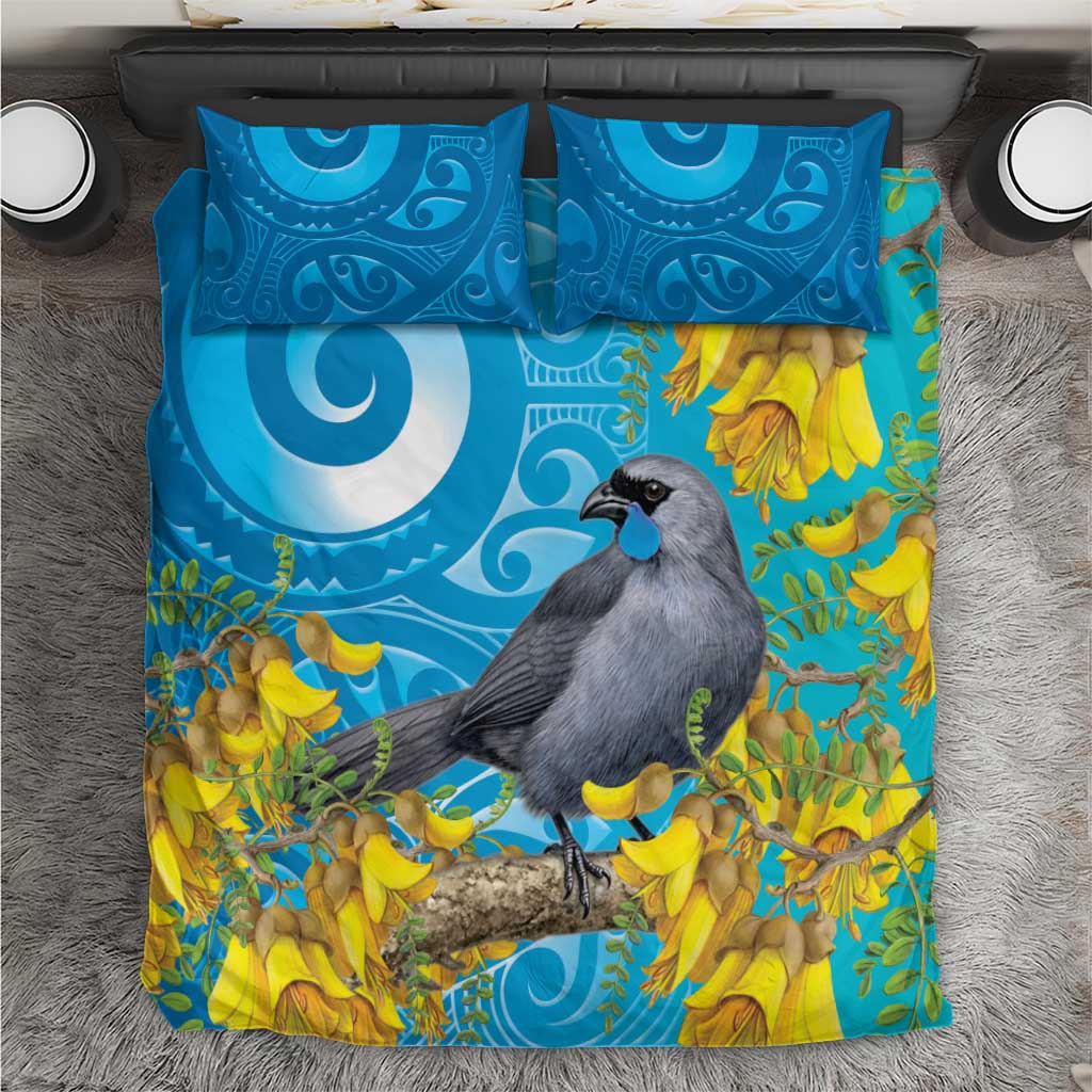 New Zealand Kokako Bird Bedding Set Maori Koru With Kowhai Flowers - Aussie Hoodie